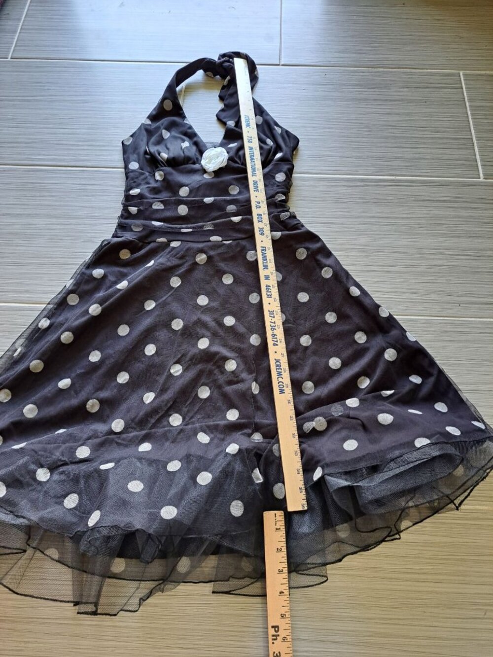 Vtg Ruby Rox Black Polka Dot Halter Dress W/ White Flower Applique L Rockabilly - Picture 12 of 13